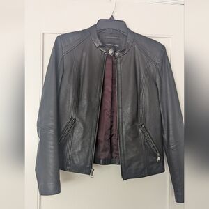 Andrew Marc Black Leather Cafe Racer Jacket - Purple Satin Lining